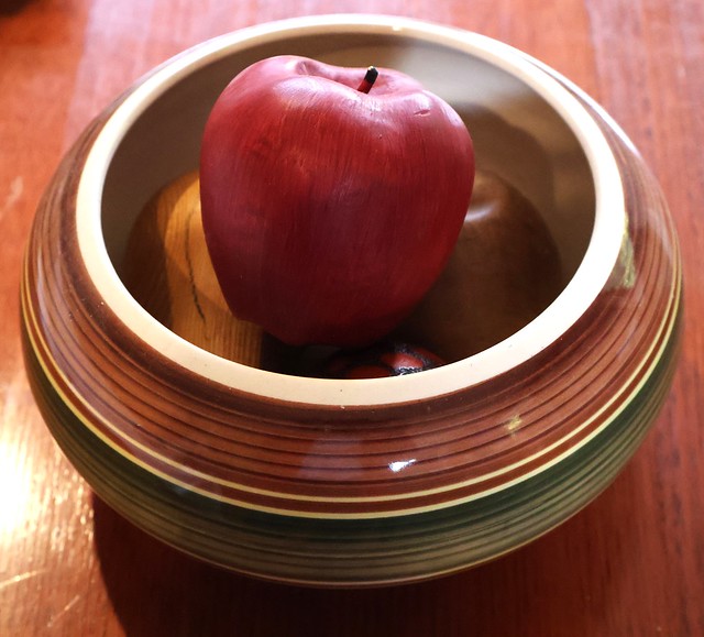 Wooden fruit in Rhayadar Pottery bowl from Wales, 1976