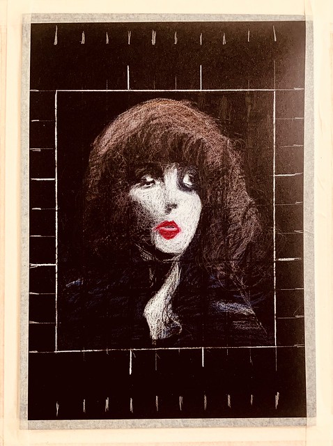 Just started, a portrait of Kate Bush.  Luminance pencil drawing on recycled black card by jmsw. To be continued.
