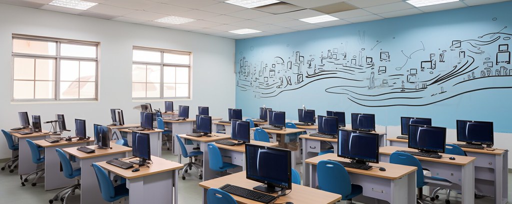 a computer classroom in a modern school in uae with mural painting of keypad and computer shortcuts, hyper realistic photographyhor_a_computer_classroom_in_a_modern_school_in_uae_with__4decc951-0dca-49dc-8847-e1d41f796e23
