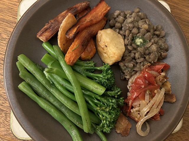 Lentils, roasted veggies, tomato and onion pie, beans and broccolini