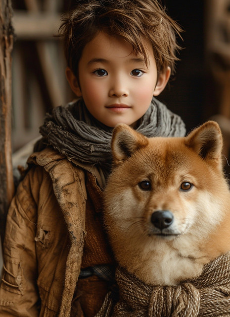 Japanese Boy and Shiba Inu Dog Portrait