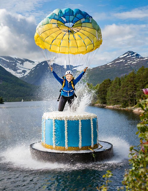 Firefly en ung kvinna som hoppar falskärm och laddar i en stor tårta med ett splash 67368