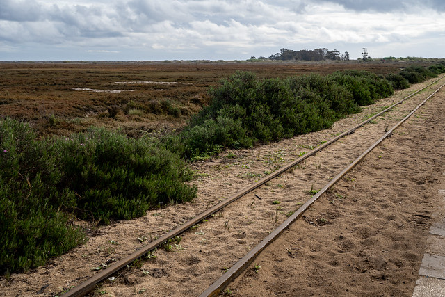 Train tracks for the mini train at Pedras del Rei station departing for Barril beach at Ilha de Tavira lets visitors forgo the 1km walk to Anchor Cemetary