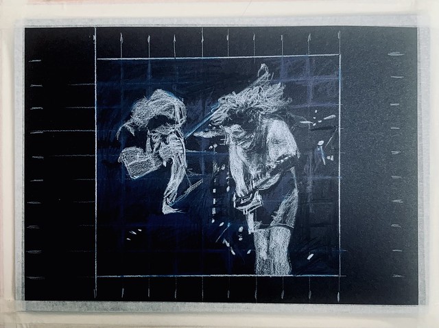 Just started, a study of AC/DC ,  on recycled black card.  to be continued