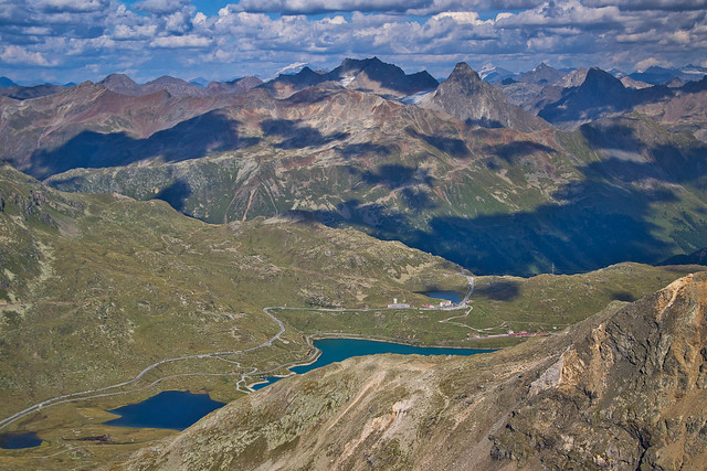 View to Bernina pass and Livigno Alps from the summit of Piz Trovat (3146 m)