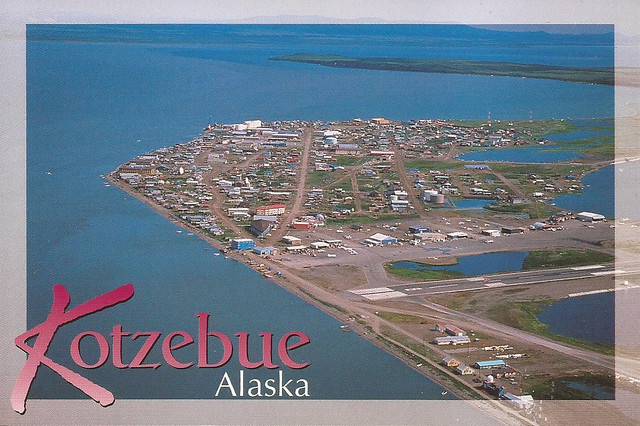 Kotzebue, Alaska aerial view postcard with Ralph Wien Memorial Airport (OTZ) in the foreground - circa late 1980's
