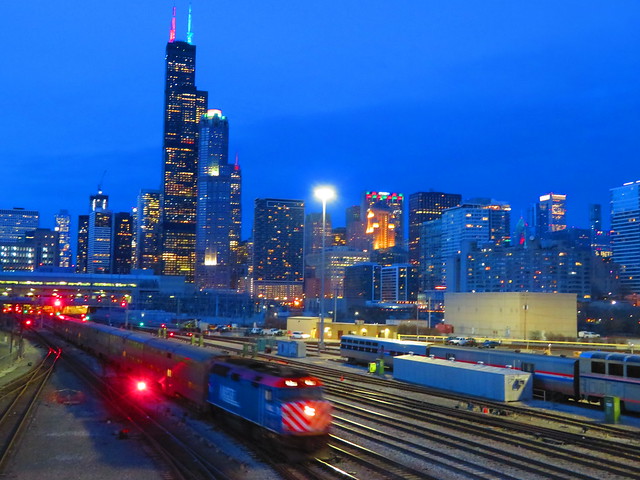 Metra BNSF Train Pulling Out of Union Station at Twilight