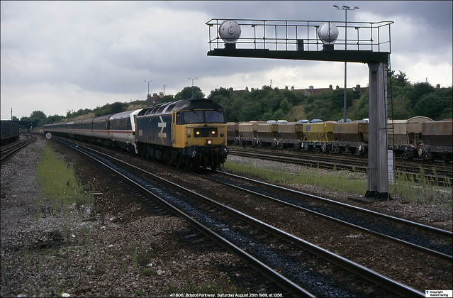 ILRA 47 806 works west at Bristol Parkway, with DVT 82124 behind the loco, August 26th 1989