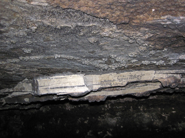 Gypsum-wedging & partially-detached limestone beds (Main Cave, Mammoth Cave, Kentucky, USA)