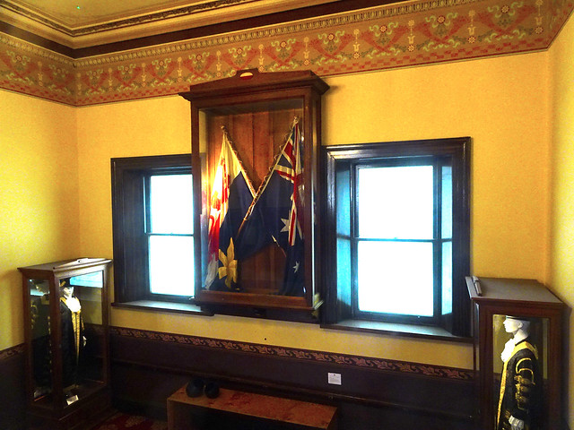 Hobart. Town Hall. Flags and mayor costumes of the past.