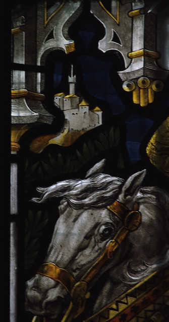 Stratford-upon-Avon, Warwickshire, Holy Trinity church, stained glass window, St. George slays the dragon, detail