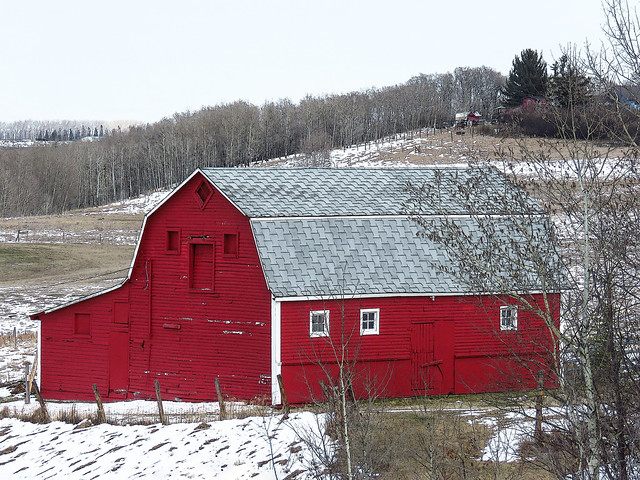 Red barn on a spring day in Alberta