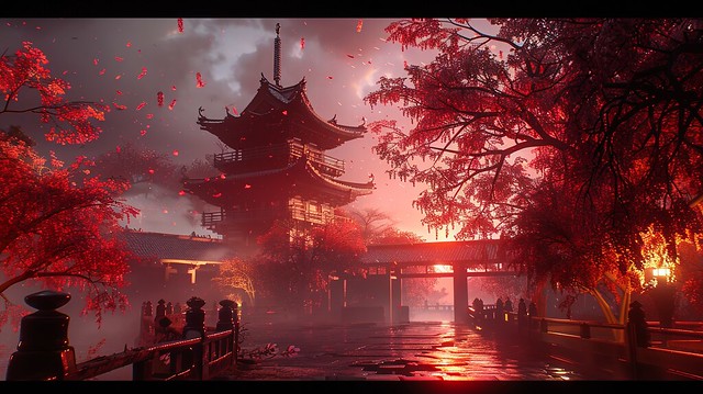 sci-fi red and black japan medieval castle, Enchanting, Dark Fantasy, V-Ray rendering, Hi-fi, hard lighting, 8K --ar 16:9