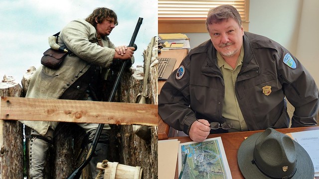 Collage of two photos: Billy Heck volunteering at Wilderness Road standing in a fort in a Captain's outfit (Left) Also Billy Heck in his Wilderness Road Park Manager uniform at his desk (Right)