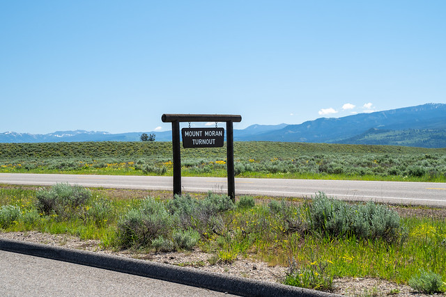 Sign for the Mount Moran scenic turnout in Grand Teton National Park in Wyoming