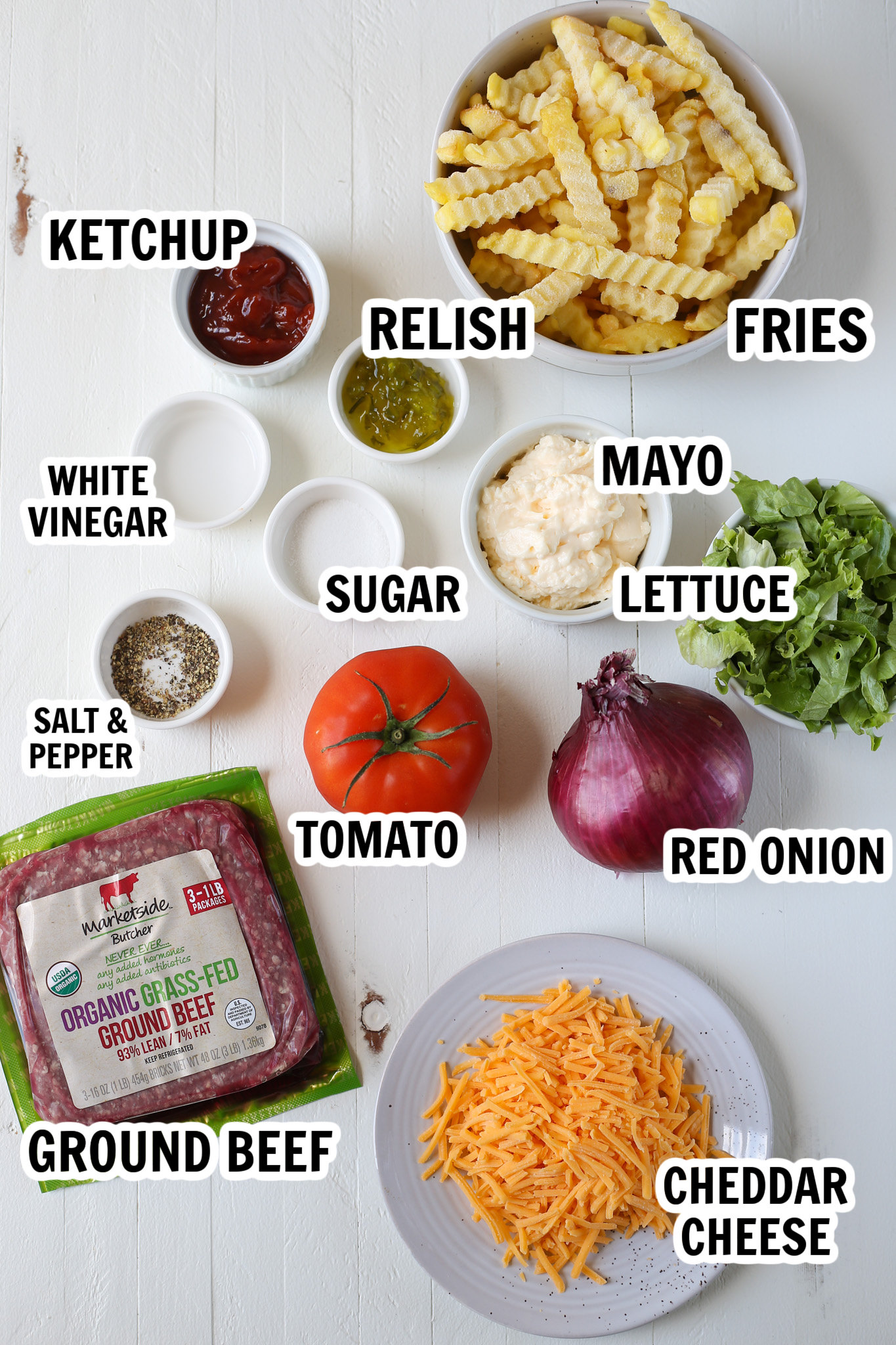 Ingredients for cheeseburger fries