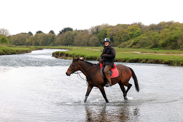 A Horse Rider from Ogmore Farm Riding Centre, crosses the River Ewenny at Ogmore, South Wales seen on 21.4.24