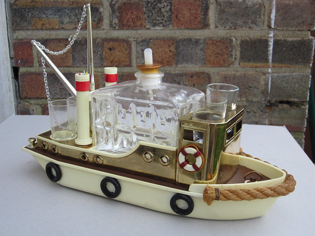 Vintage Kitsch Musical Tug Boat Drinks Decanter Set