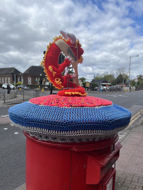 dragon knitted postbox topper, New Eltham