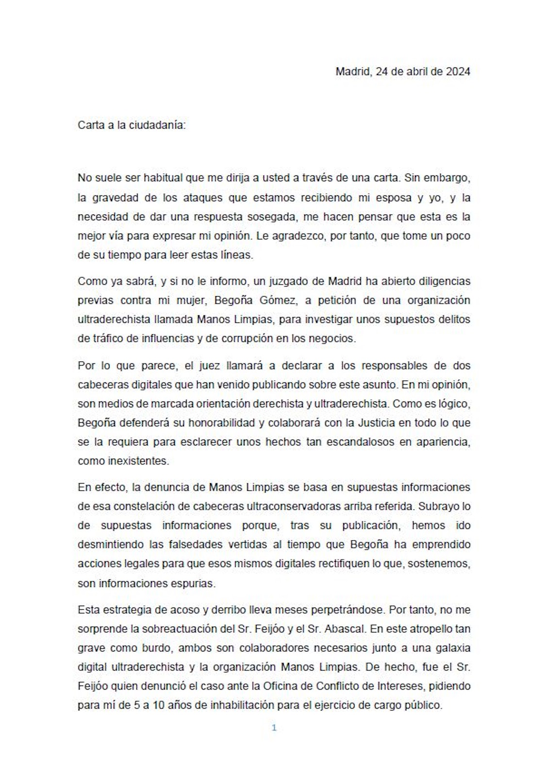 Carta de Sánchez a los españoles sobre corrupción de su mujer, Begoña Gómez, PSOE (4)