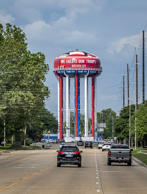 Water tower aligned perfectly with McDade St. in Bossier City, Louisiana