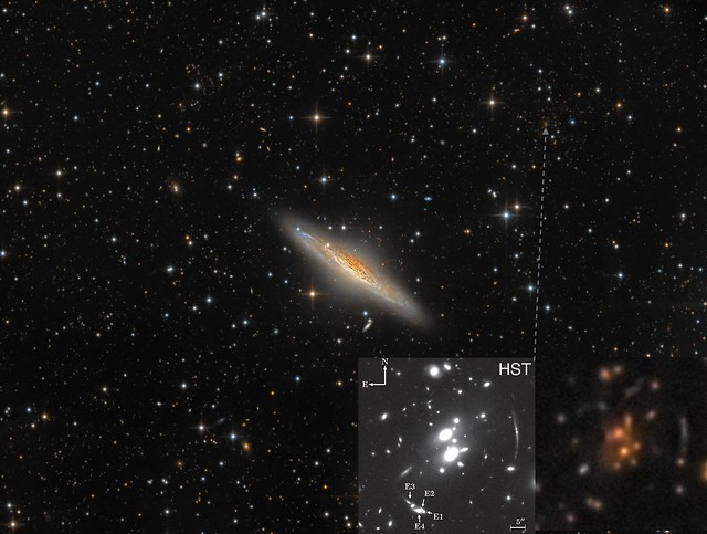 Deep view of NGC 2683 with Gravitational lensing arc in cluster SDSS J0851+3331-E, LRGB
