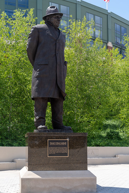Green Bay, Wisconsin - June 2, 2023: Close up of the Vince Lombardi statue outside Lambeau Field, home of the Green Bay Packers NFL team
