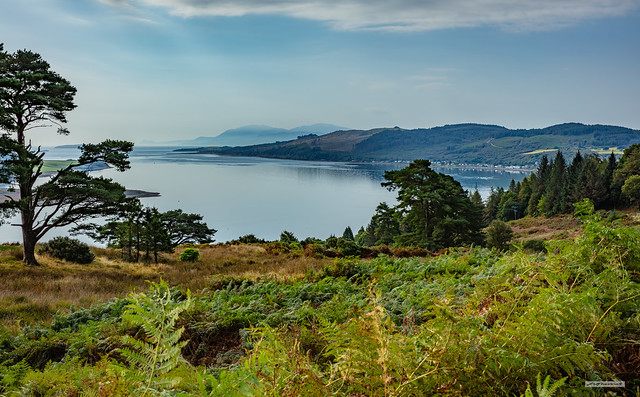 View south down the western Kyle of Bute to the tranquil village of Tighnabruaich and the Isle of Arran, beyond, Argyll and Bute, Scotland.