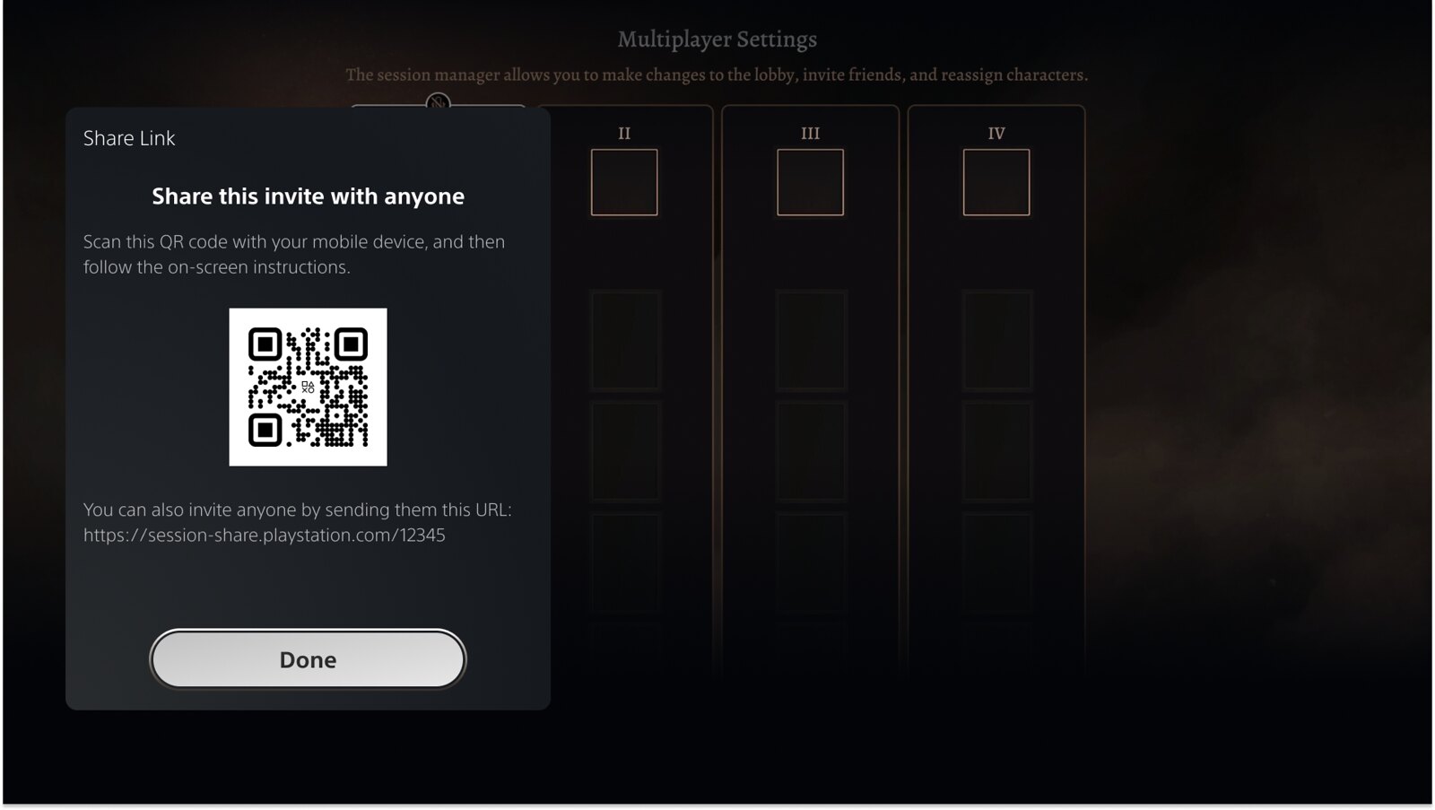 PS5 screenshot showing a Baldur’s Gate 3 multiplayer session invite QR code