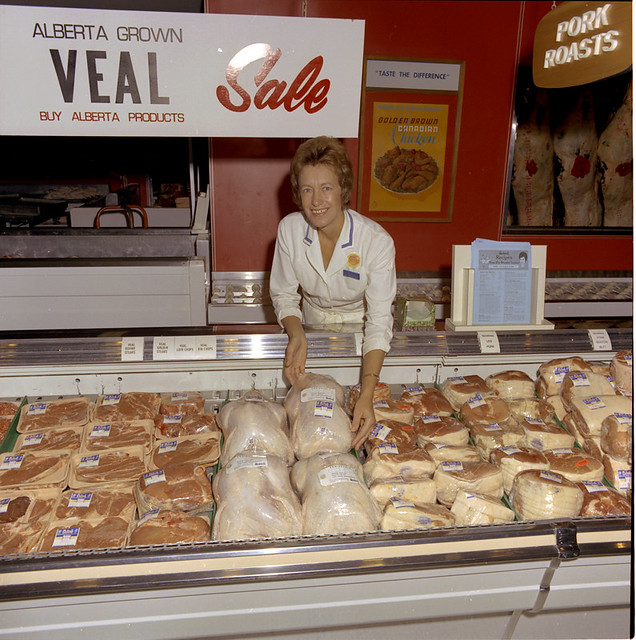 Fresh meat counter, Woodward's at Southgate Mall, Edmonton, Alberta, 1974