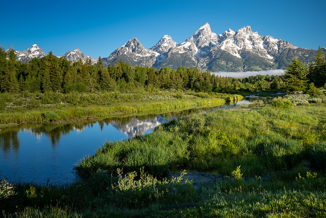 Schwabachers Landing in the early morning in Grand Teton National Park, with mountain reflections on the water creek