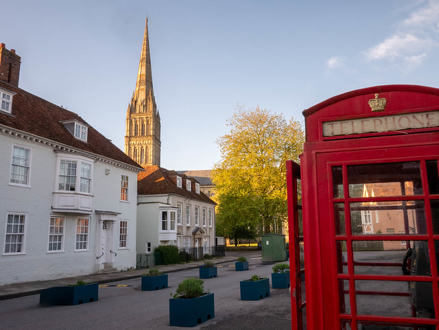 Telephone box and cathedral, a historic view of England.