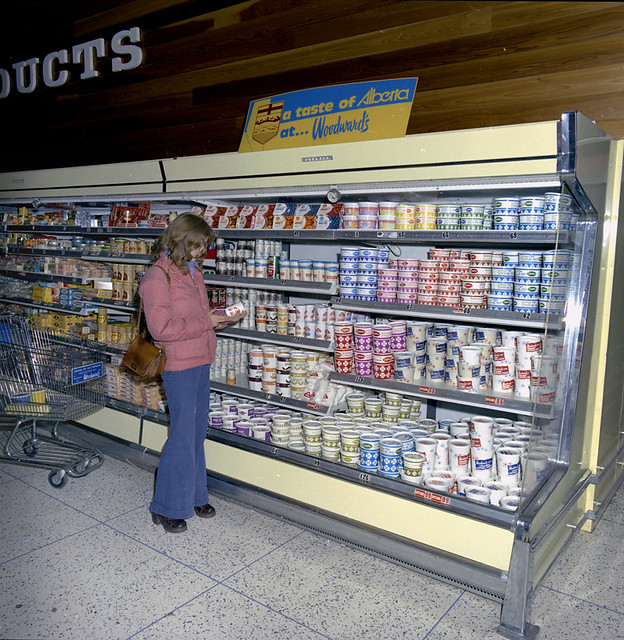 Dairy section, Woodward's at Southgate Mall, Edmonton, Alberta, 1974