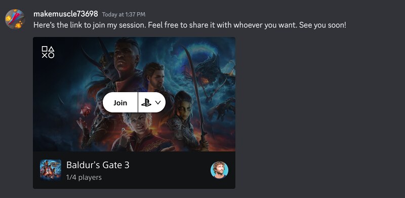 image of the PS5 multiplayer session invite widget in Discord.