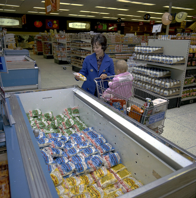 Frozen food section, Woodward's at Southgate Mall, Edmonton, Alberta, 1974