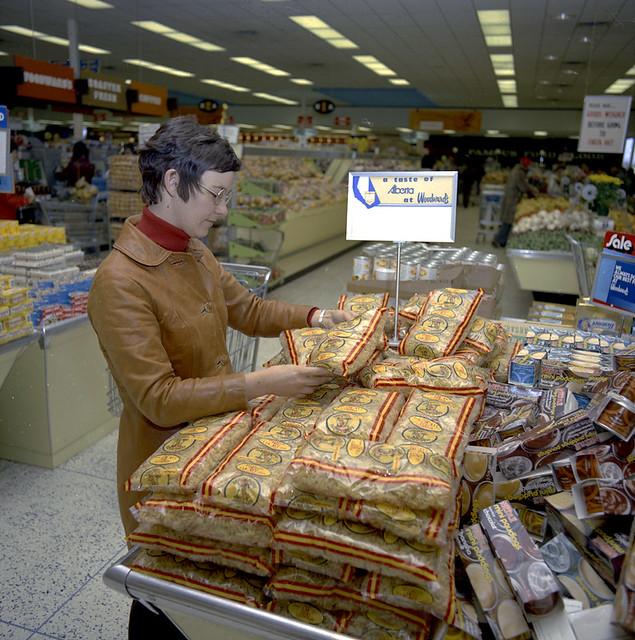 Pasta display, Woodward's at Southgate Mall, Edmonton, Alberta, 1974