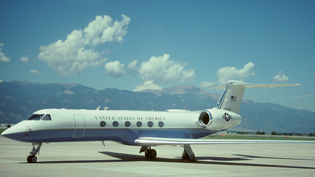 An elegant Grumman C-37A Gulfstream waits at Peterson AFB, CO. This jet flew as N582GA with Grumman and was originally based with the 65 AS at Hickam AFB, HI- thus the serial. 10065 is 01-0065.
