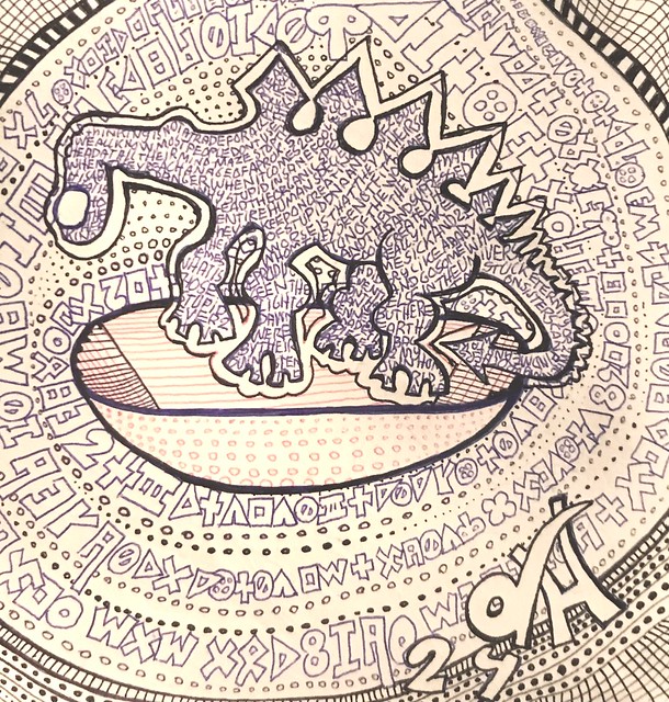 A Contemplatosaurus Sapiens contemplating deep philosophical riddles and questions actually that all it can do since it was born in a microverse containing only it self and a levitating asteroid and loads of thoughts and words (Danny Hennesy 2024)  Kunst