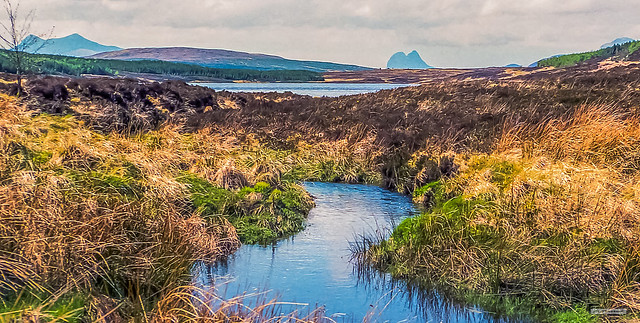 A burn flows into Loch Borralan a mile south-east of Ledmore Junction in Assynt, Sutherland. On the left of this image is Cul Mor. At 849 metres it is the highest peak in this area. Central is the 