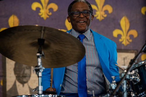 Herlin Riley with Norbert Susemihl's New Orleans All-Stars at Jazz Fest on April 25, 2024. Photo by Ryan Hodgson-Rigsbee.