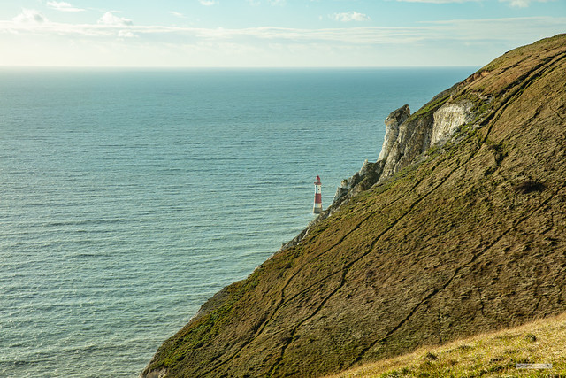The South Downs chalk cliffs at Beachy Head, over 550 feet tall, overlooking Eastbourne, East Sussex, England.