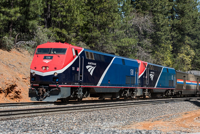 P42 #138 & #82 in fresh Phase VII paint leading the eastbound California Zephyr at Towle California