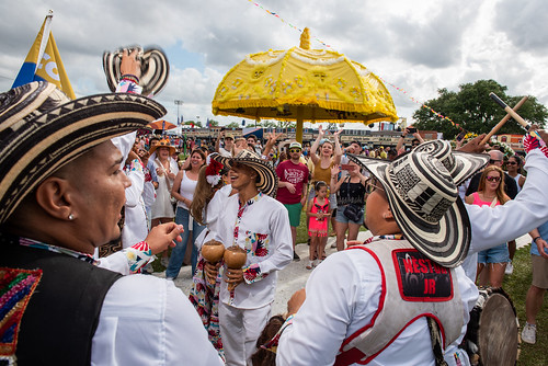 Colombian parade with Joaquin Perez y su Herencia Ancestral at Jazz Fest on April 26, 2024. Photo by Ryan Hodgson-Rigsbee.