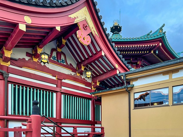 Vibrant Red and Teal Pagoda at Bentendo Temple in Ueno, Tokyo