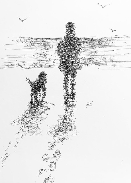 “Walking on the seashore.”  Scribble ballpoint pen sketch on 200gsm card.by jmsw.