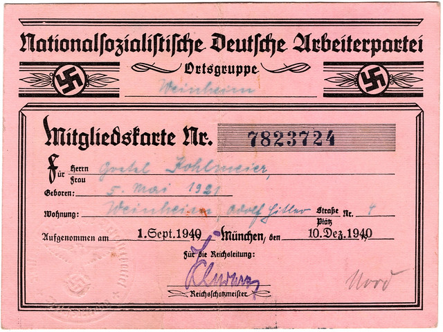 NSDAP Mitgliedskarte to 19 year old Gretel Kohlmeier from Weinheim, Germany 1940
