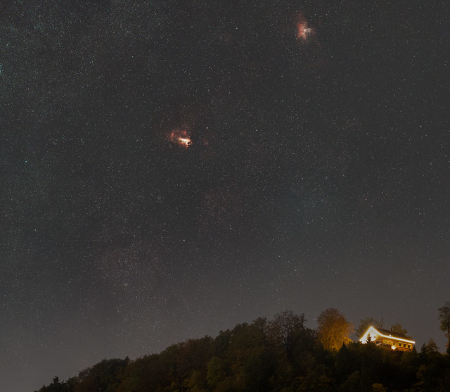 Eagle and Swan/Omega Nebulae setting with the Milky Way behind Restaurant Felsenegg
