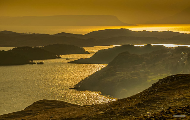The sunsets here must be some of the best in the world. The setting sun catches Loch Morar and its amazing islands. The Arisaig to Morar coast is beyond. The Islands of Eigg and Rum fall into the haze up to 20 miles across the sea.