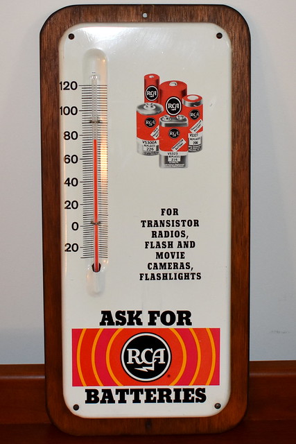 Vintage RCA Batteries Sign, Batteries For Transistor Radios, Flash And Movie Cameras, And Flashlights, Sign Measures 6.75 Inches Wide x 13.5 Inches Tall, Circa 1960s