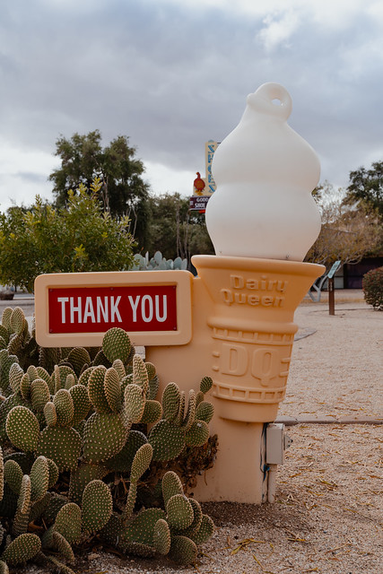 Casa Grande, Arizona - December 23, 2023: Dairy Queen ice cream cone sign from the drive through, with a Thank You message